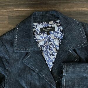 Talbots Dark Denim Floral Lined 3/4 Sleeve One Button Jacket Blazer Cotton Sz 10